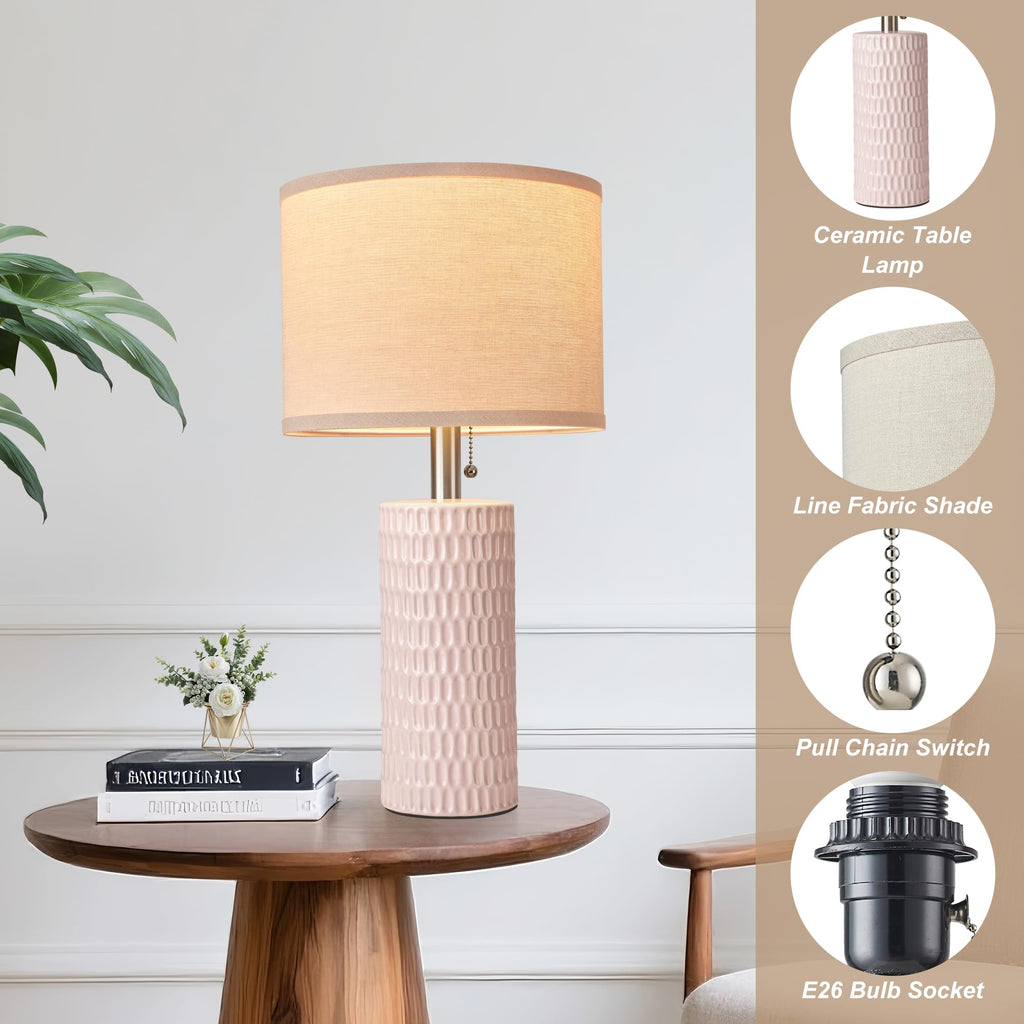 20.5" Modern Ceramic Table Lamps for Bedroom Set of 2, Bedside Lamps for Night Stands with Beige Lampshade, Farmhouse Table Lamp for Living Room Office Dorm, Pink