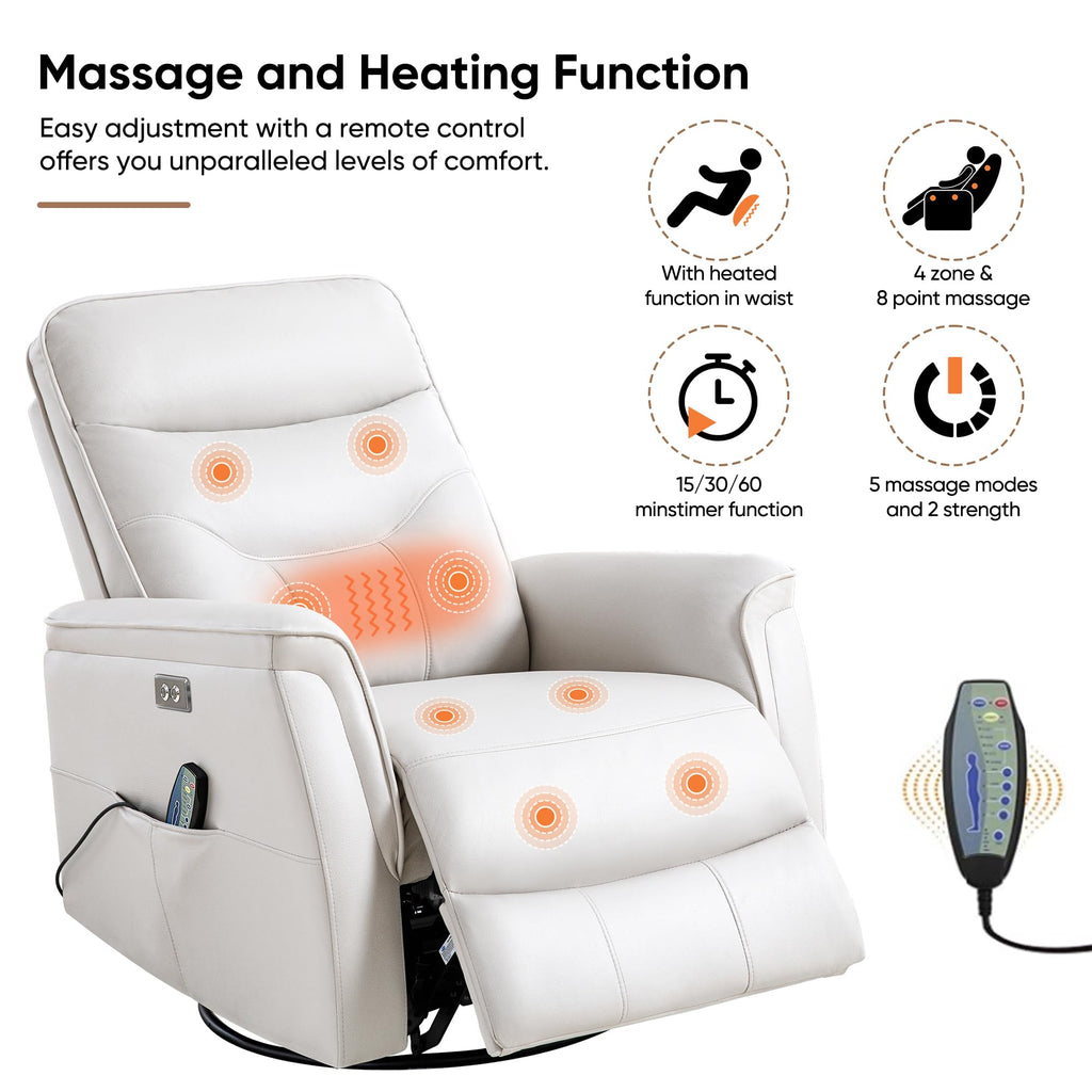 Recliner Chair for Adults, Power Faux Leather Rocker Recliner Massage and Heat, Oversized Swivel Reclining Nursery Chair with USB Ports for Living Room, Office Beige