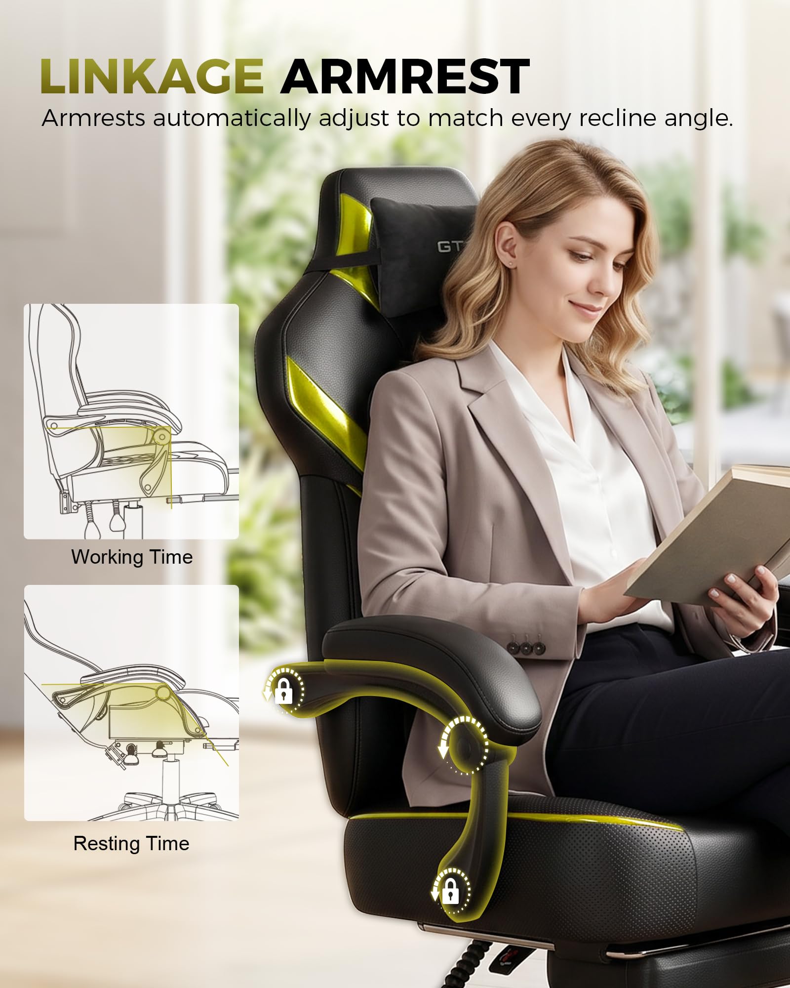 Big and Tall Gaming Chair with Footrest, High Back Ergonomic Office Chair for Adults, Heavy Duty 350 lbs Capacity, Premium Leather & Iridescent Trim, ACE-Armor, Yellow