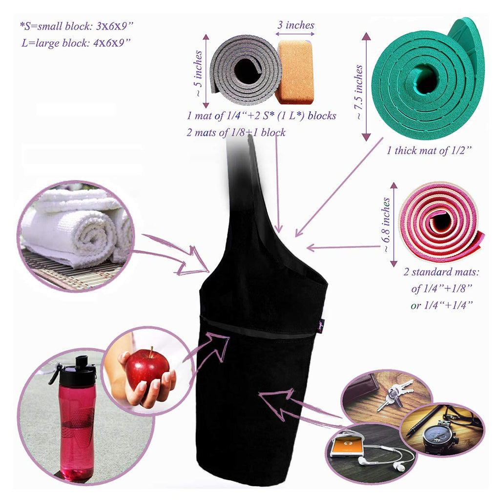 Yoga Mat Bag & Carrier with Pockets for Women, Full Black