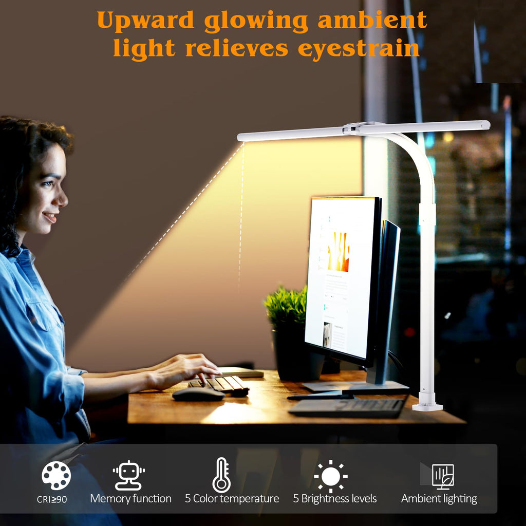 Led Desk Lamp for Office,24W Bright Eye-Caring Desk Light with Clamp,5 brightness and 5 temperatures Dimmable Workbench Task Light, Adjustable Gooseneck Table Lamp for Monitor Study(white)