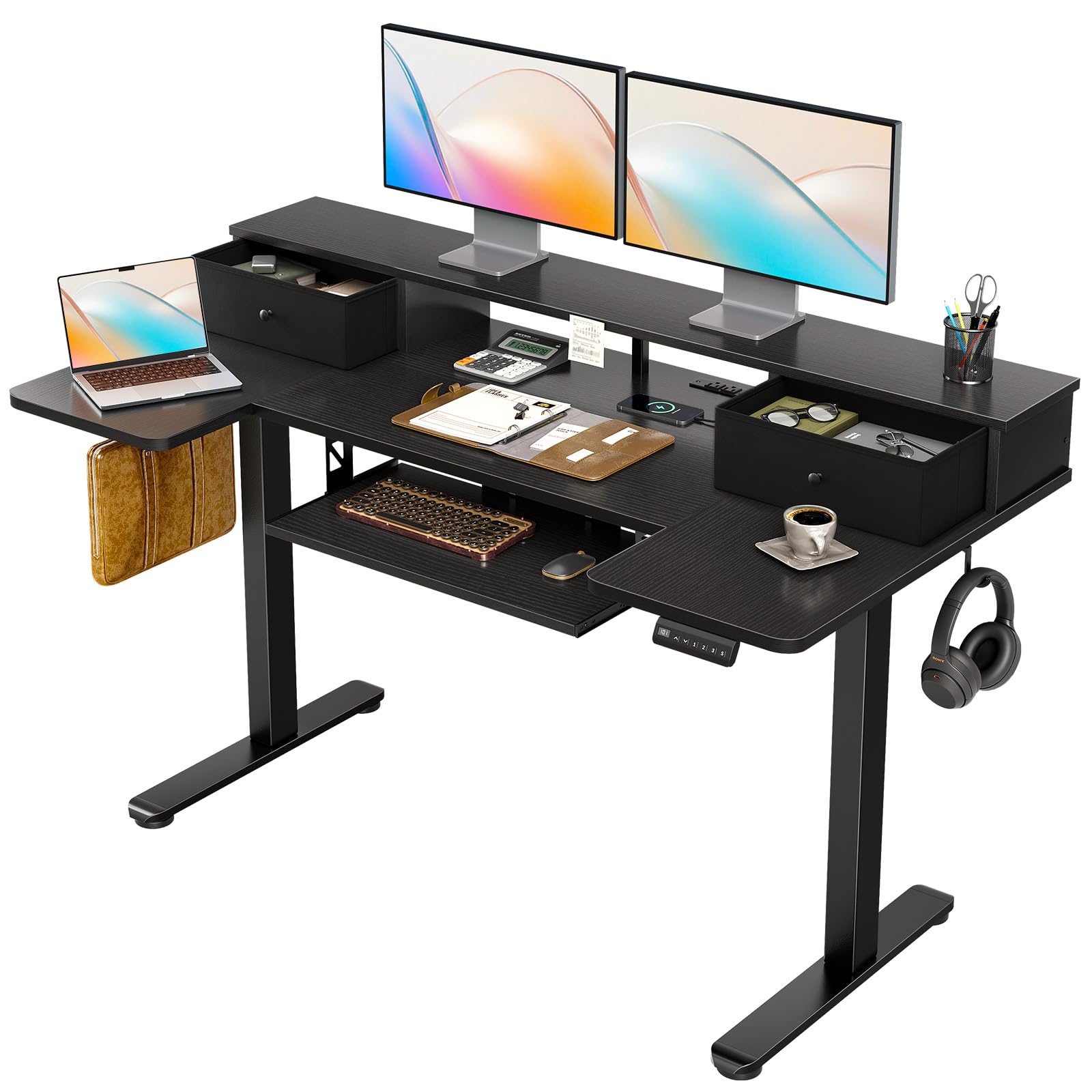 U Shaped Electric Standing Desk with Drawers, 55 Inch Height Adjustable Desk with Keyboard Tray ＆ Ergonomic Monitor Stand, Sit Stand Table with Power Outlets for Home, Office, Black