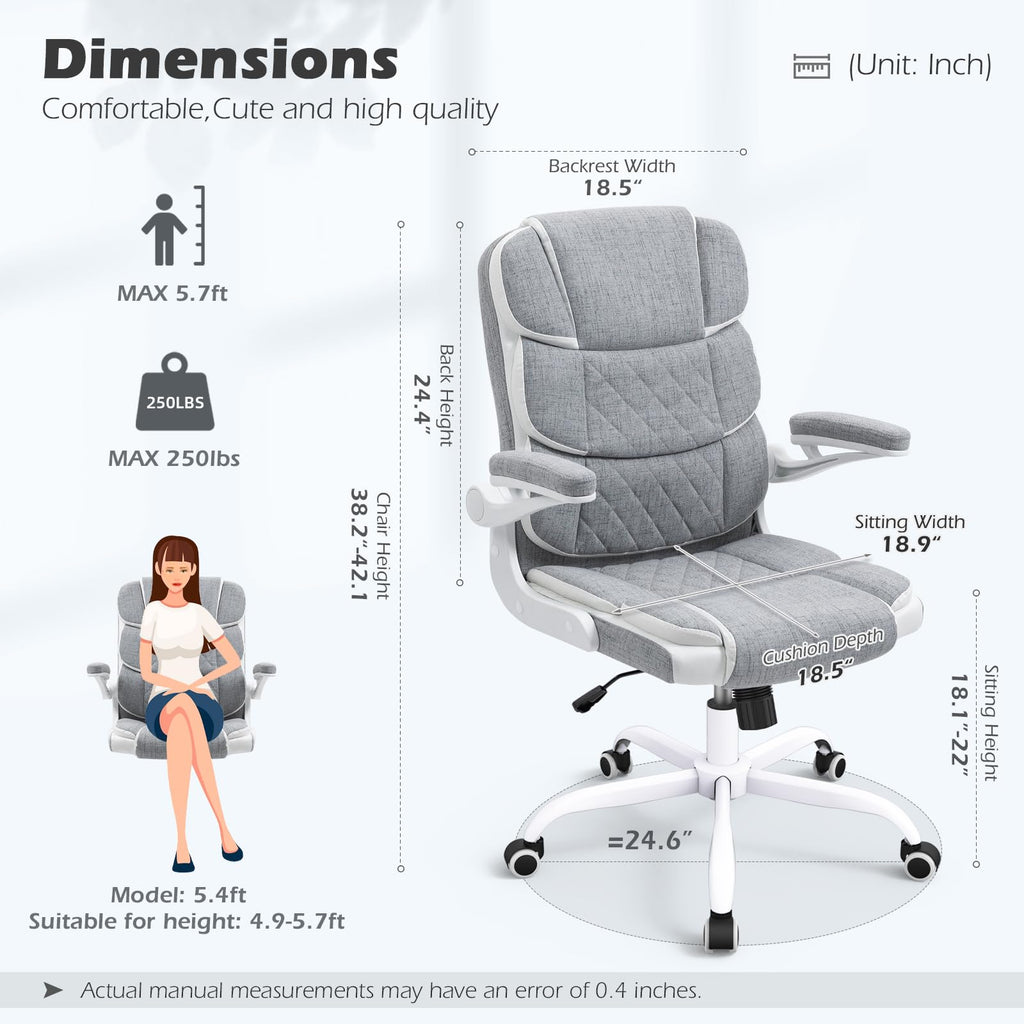 Home Office Desk Chairs Grey Linen Fabric Executive Office Chair with Wheels and Arms Comfortable Ergonomic Desk Chair for Adults and Teens
