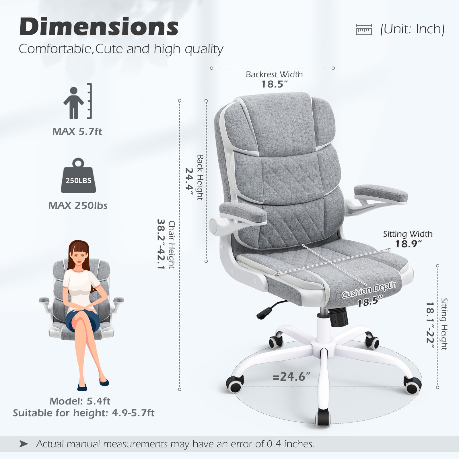 Home Office Desk Chairs Grey Linen Fabric Executive Office Chair with Wheels and Arms Comfortable Ergonomic Desk Chair for Adults and Teens