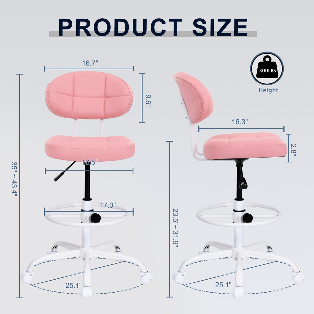 Drafting Chair, Armless Tall Office Chair with Footrest Ring for Standing Desk, Small Faux Leather Executive Computer Chair with Adjustable Height for Bar Lab Counter Height Desk, Pink