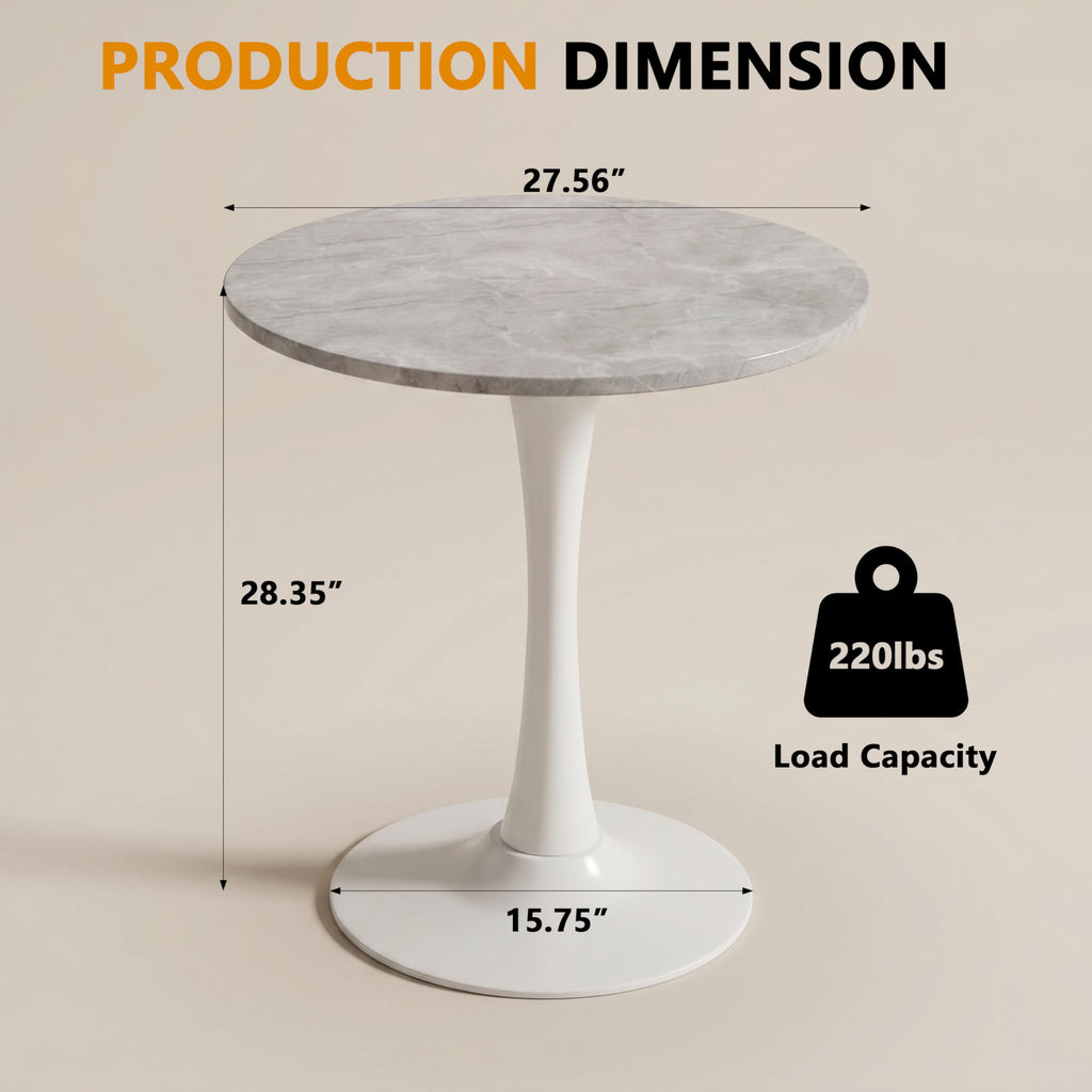 Sybrioka 27.6" Marble Round Tulip Table, Mid-Century Modern Style Dining Table with White Pedestal Base for 2-4 People, Featuring A Marble Tabletop for Kitchen, Dining Room, Cafe (Light Grey)