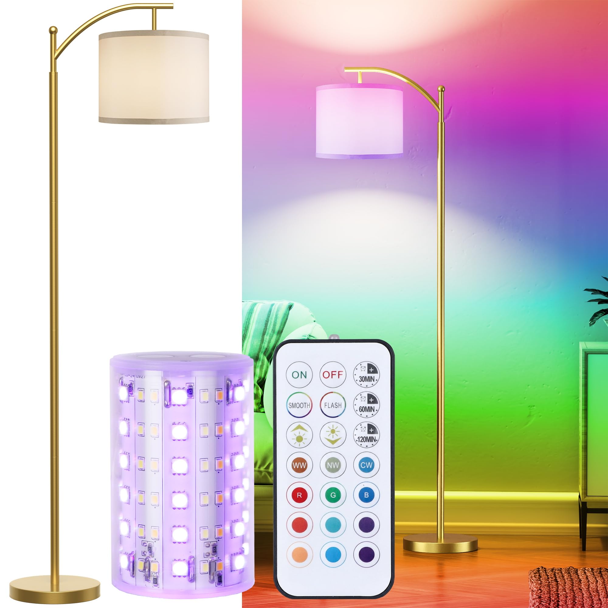 Battery Operated Floor Lamp, RGB Dimmable Cordless Standing Lamp with Remote Control for Living Room, Tall Floor Lamp for Bedroom -Gold