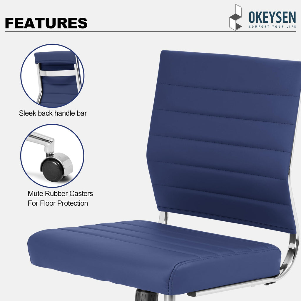 Armless Office Desk Chair, Mid Back Leather Conference Room Chairs Without Armrests, Modern Office Chair Ribbed.
