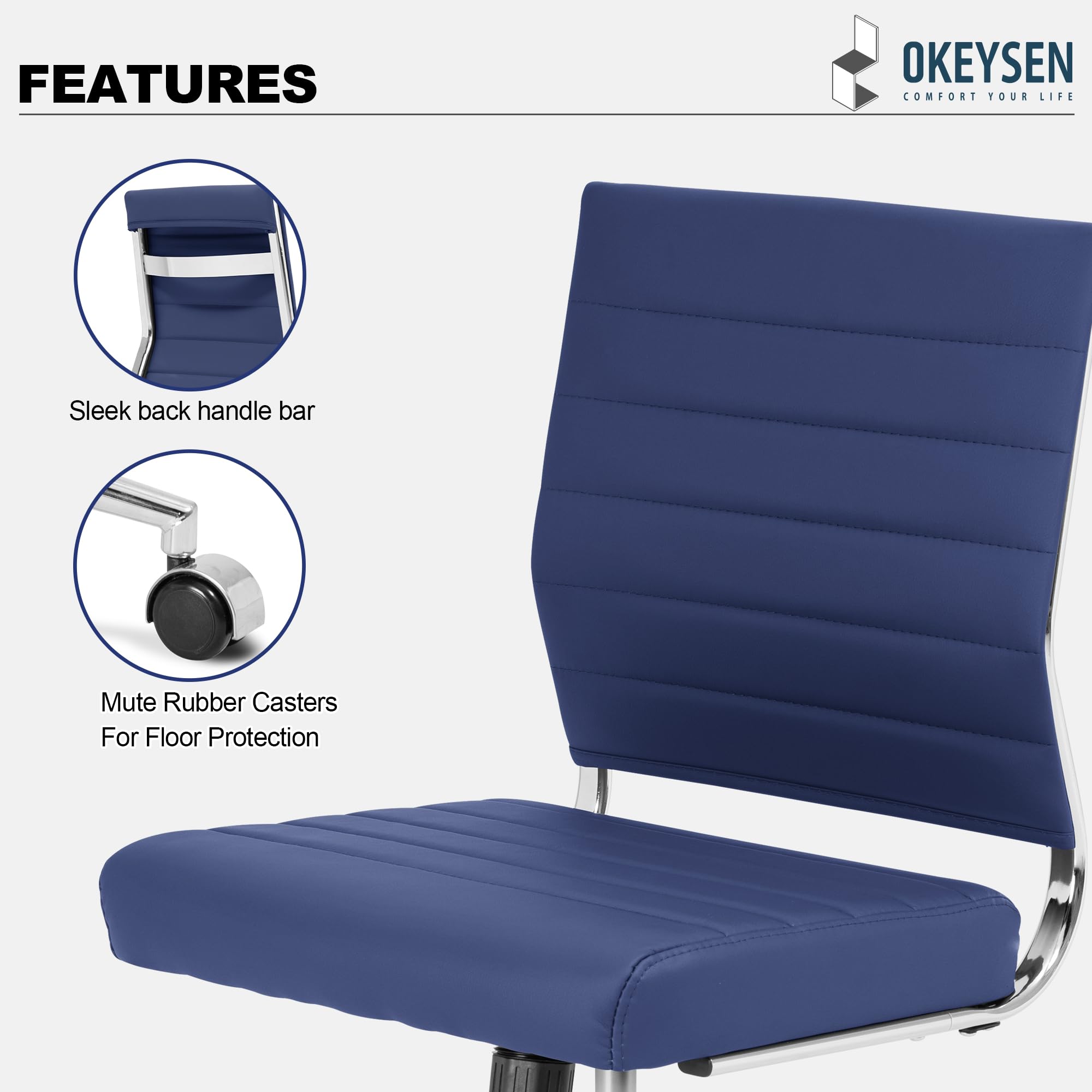 Armless Office Desk Chair, Mid Back Leather Conference Room Chairs Without Armrests, Modern Office Chair Ribbed.