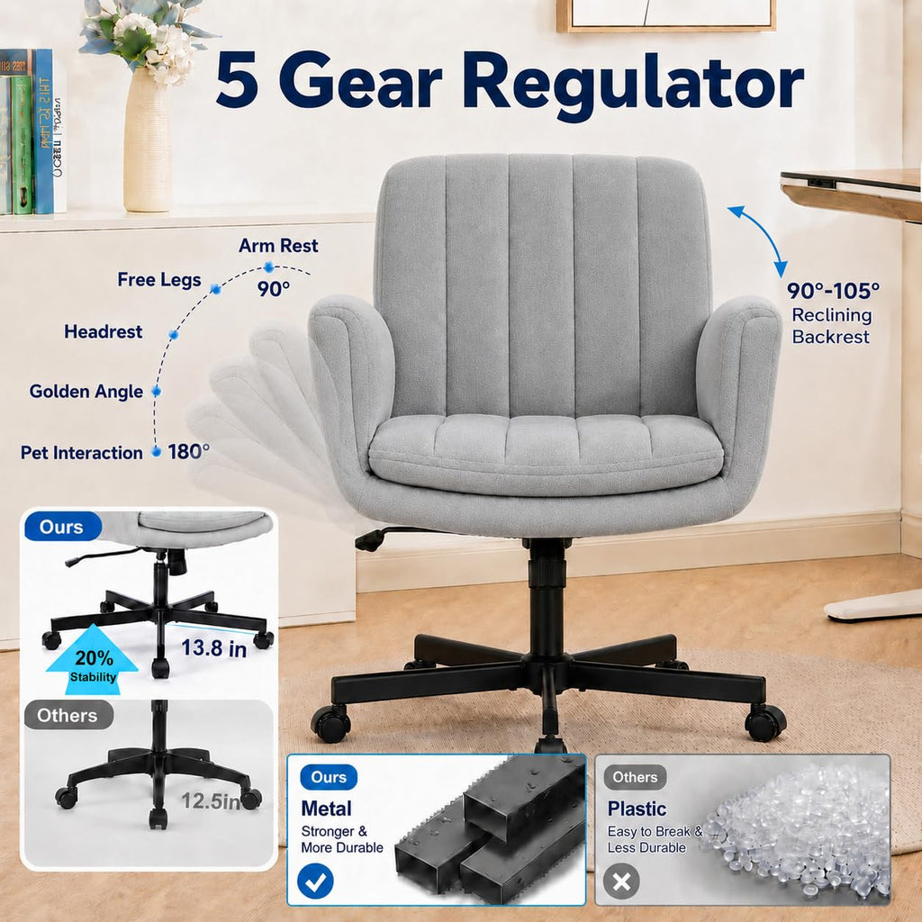 Criss Cross Office Chair with Wheels and Arms, Vanity Chair with Back, Comfy Swivel Cross Legged Office Chairs for Ultimate Comfort and Support, Unique Multifunctional Stylish Arms (Fabric Gray)