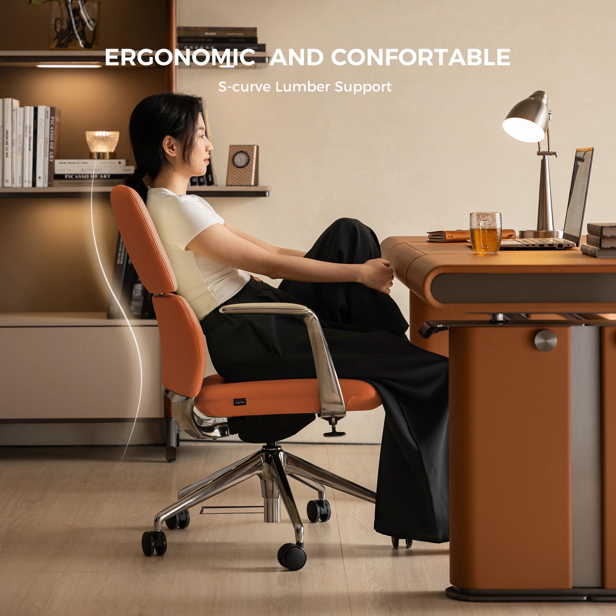 Genuine Leather Office Desk Chair with Wheels, Ergonomic Leather Executive Chair, Mid Back, Swivel Base with Adjustable Tilt, Modern Style, Luxury Aluminum Frame (Orange)