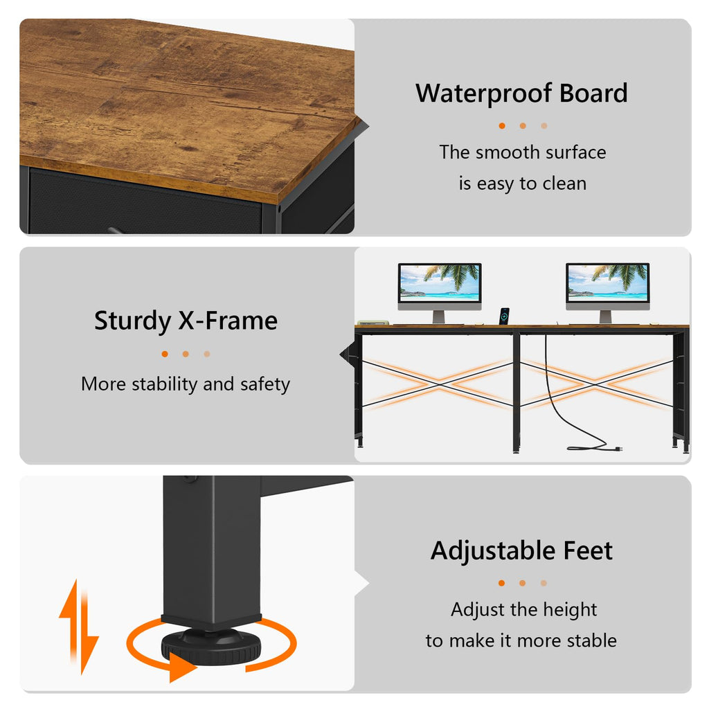 95'' Two Person Desk with 8 Drawers, Long Office Desk with Charging Station, 2 Person Desks Double Desk Writing Study Table for Home Office, Brown and White, Brown and Black