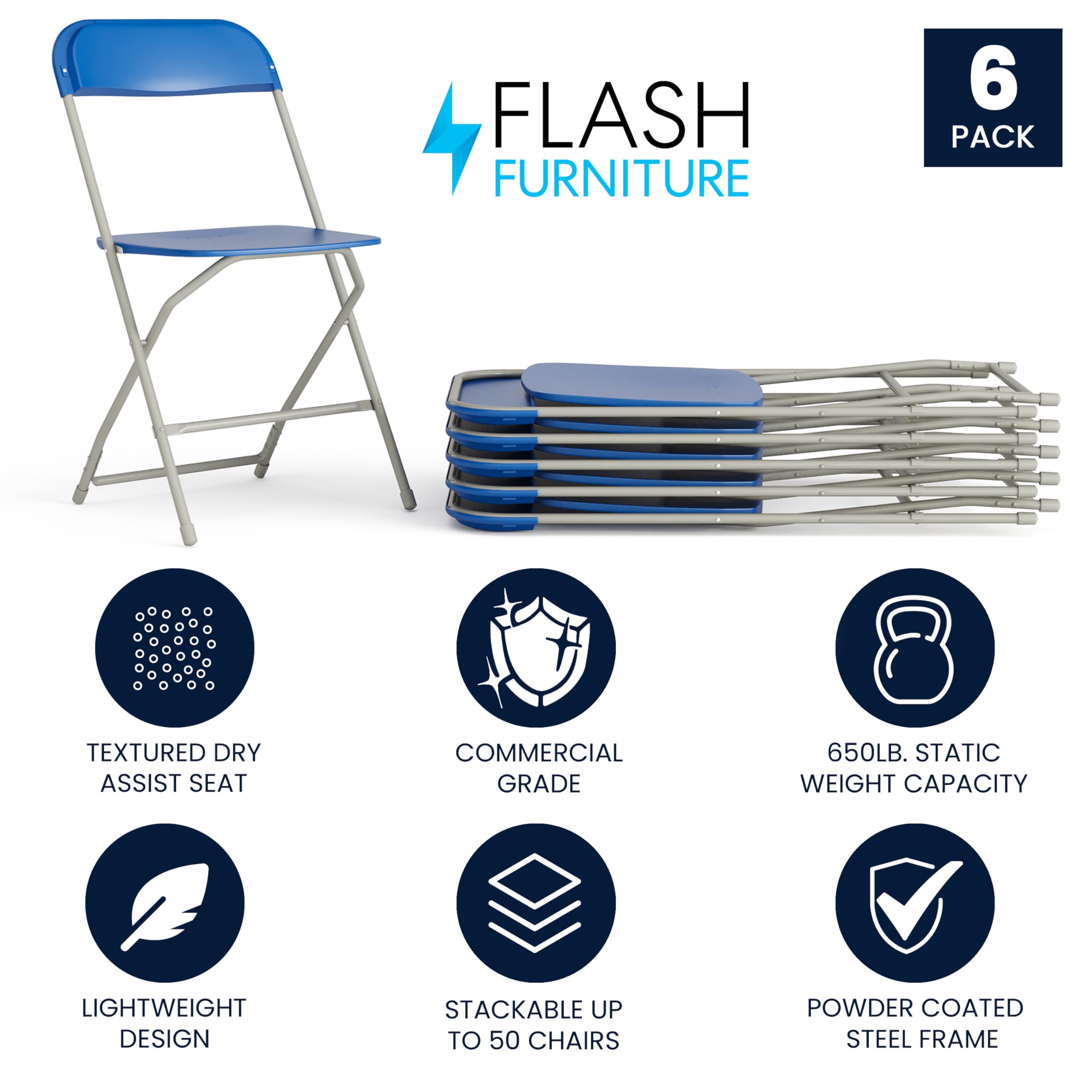 6 Pack, Hercules Series Plastic Folding Chair - Blue - 650LB Weight Capacity Comfortable Event Chair-Lightweight Folding Chair
