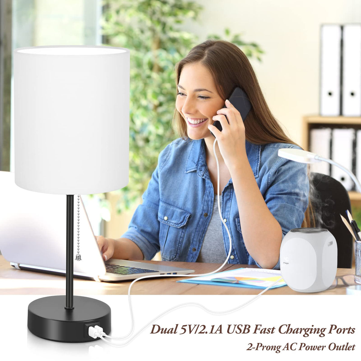 Bedside Table Lamps Set of 2 with USB Charging Ports and AC Outlet, White