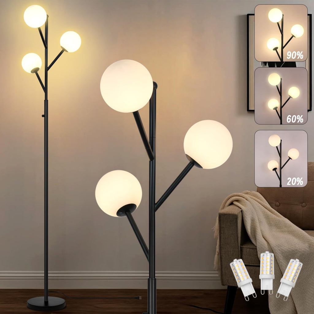 3-Globe Mid Century Black Tree Floor Lamp for Living Room,70in Tall Modern Stepless Dimmable Standing Lamp with Frosted Glass Shade for Office Bedroom, Study Room Bulbs Included(dimmer-Black)