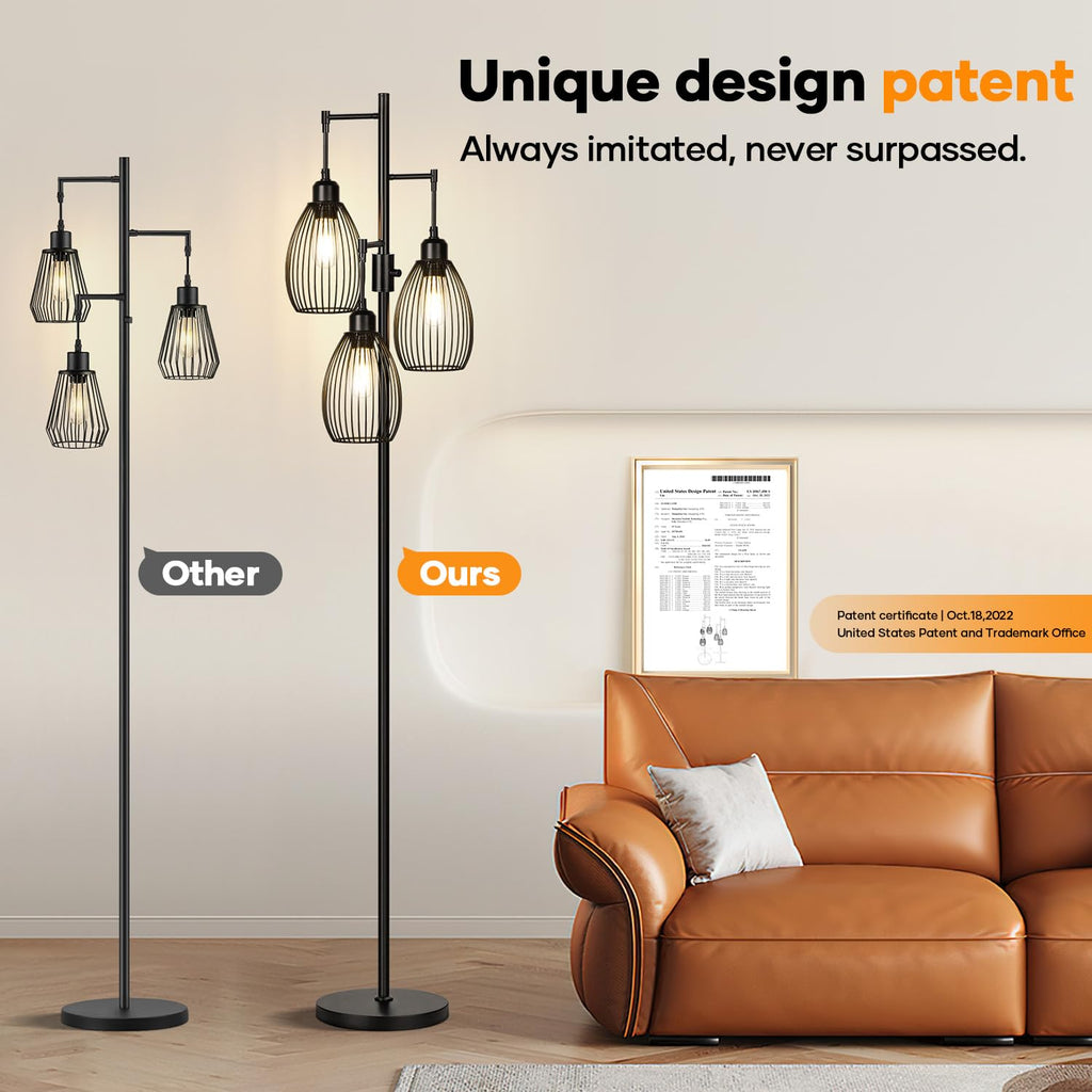 Floor Lamp, 3 x 800LM LED Edison Bulbs Included, Farmhouse Industrial Floor Lamp Standing Tree Lamp with Elegant Teardrop Cage Tall Lamps for Living Room Bedroom Office Dining Room-Black