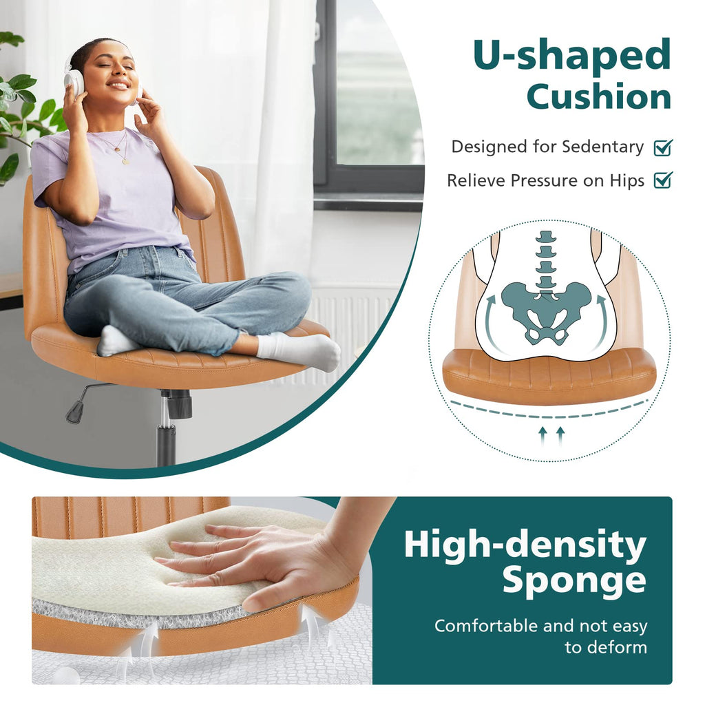 Criss Cross Legged Chairs Armless No Wheels Wide Seat Height Adjustable Swivel Padded PU Leather Home Office Desk Seating for Bedroom, Student, Study Room