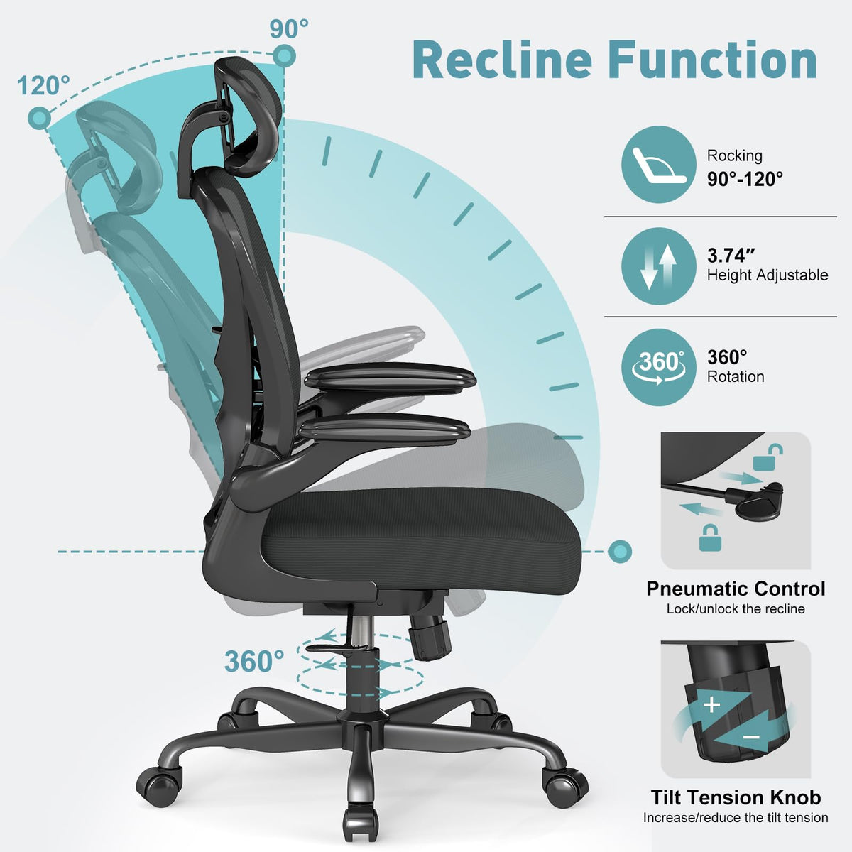 Ergonomic Office Chair Set of 10, with Adjustable Lumbar Support, Mesh Fabric Home Office Chair with Headrest, 360° Swivel and Flip-Up Armrests, Black