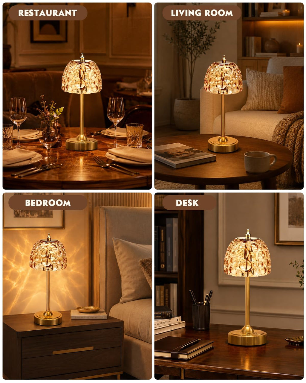 Cordless Glass Table Lamp, 5200mAh Small Rechargeable Touch Lamp