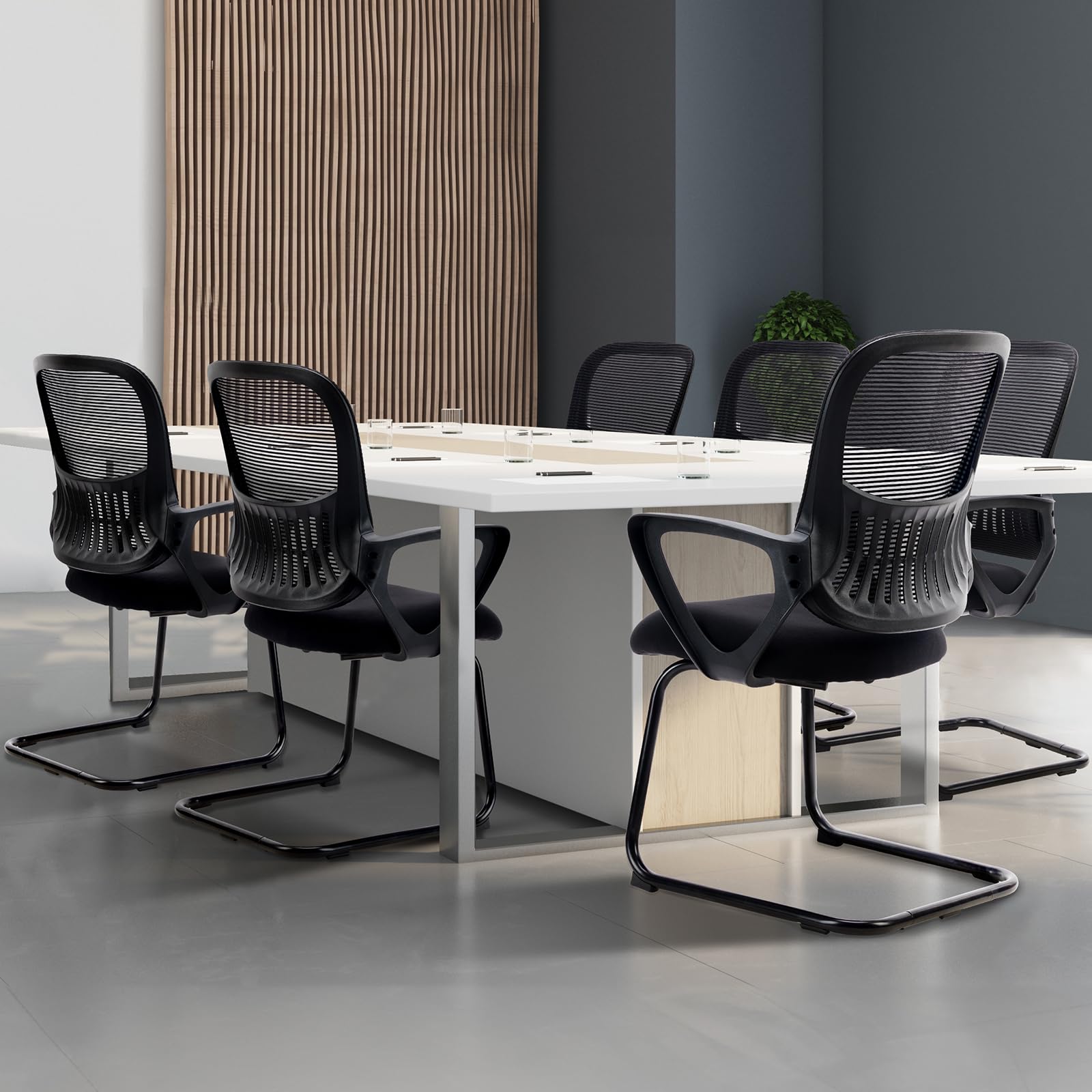 Set of 4, Reception Chair No Wheels, Stationary Non Rolling Mesh Mid Back Computer Guest Side with Lumbar Support for Waiting Area Reception Conference Room, Modern Black