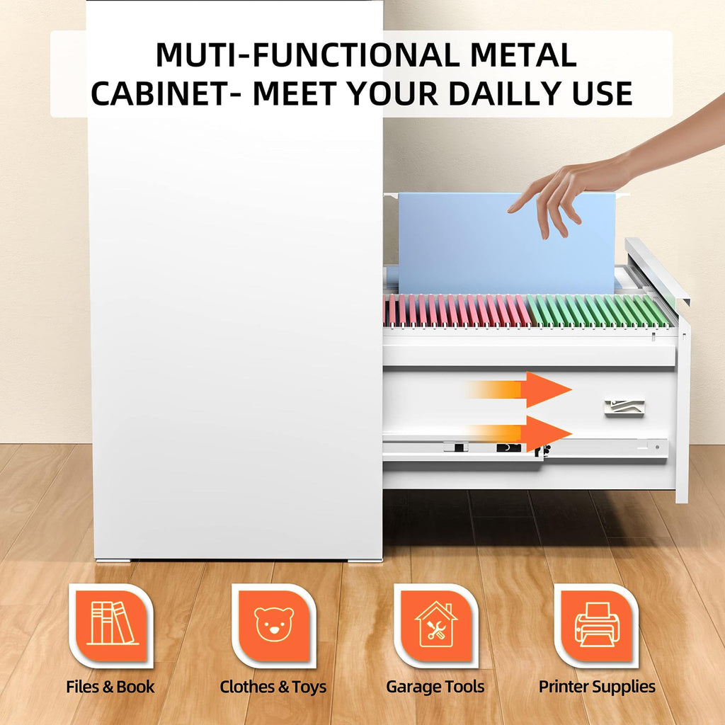 Lateral File Cabinet 2 Drawer, White Metal File Cabinets for Home Office, Locking File Cabinet for Letter/Legal/F4/A4 Size Hanging Files, Easy Assembly