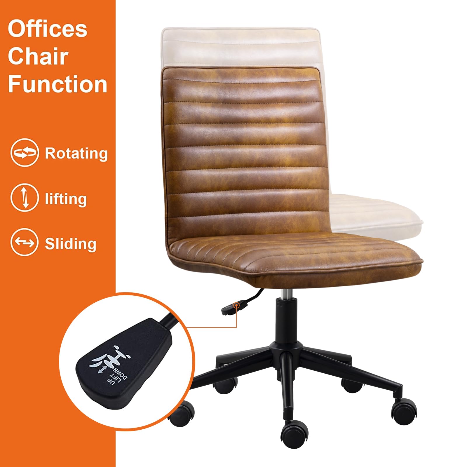 Leather Office Chair with Wheels Armless Vanity Desk Chair 360° Swivel Computer Rolling Chair with Mid Back, Height Adjustable Accent Chairs with Gold Metal Base Stool, PU YellowBrown