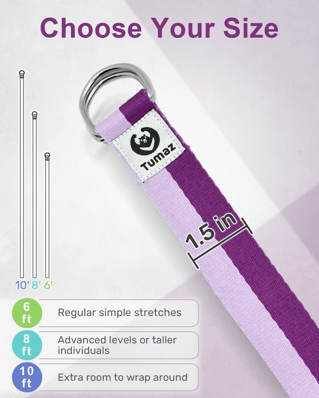 Yoga Strap for Stretching with Adjustable D-Ring, 6/8/10 ft