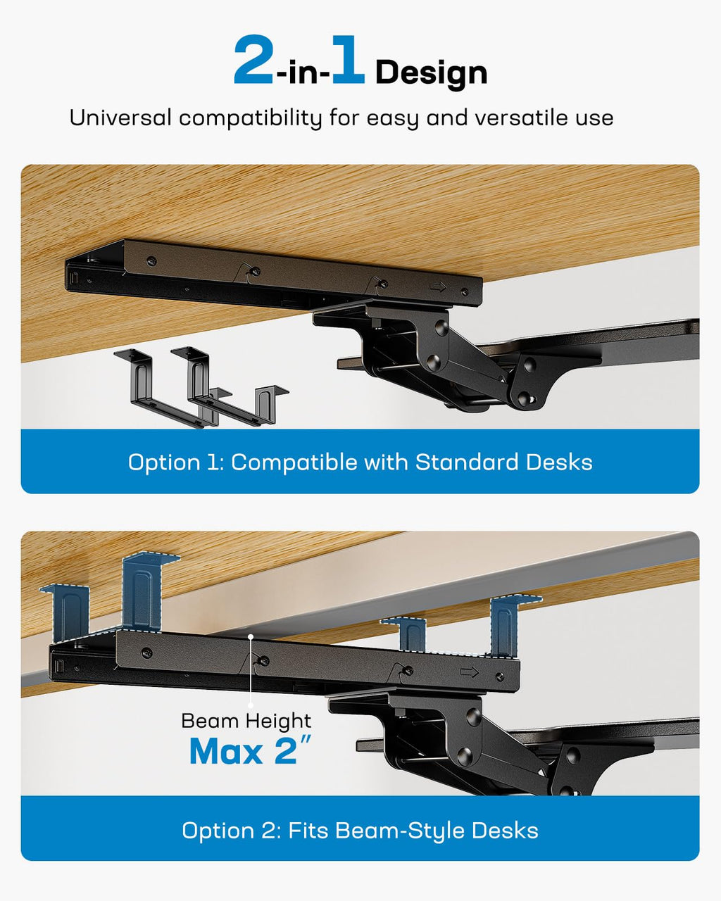 Keyboard Tray Under Desk, Adjustable Ergonomic Keyboard & Mouse Tray, Flat Bottom Or Cross Beam Installation, Smooth Sliding Keyboard Holder for Typing in Home Office, Easy Setup, 25″W x 9.84″D