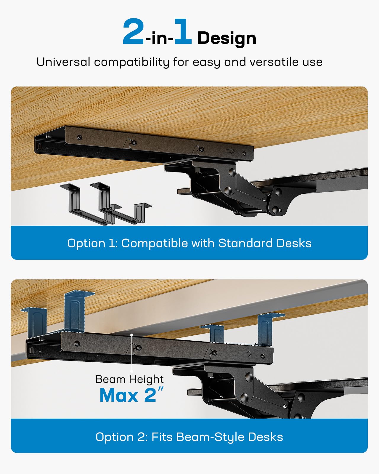 Keyboard Tray Under Desk, Adjustable Ergonomic Keyboard & Mouse Tray, Flat Bottom Or Cross Beam Installation, Smooth Sliding Keyboard Holder for Typing in Home Office, Easy Setup, 25″W x 9.84″D