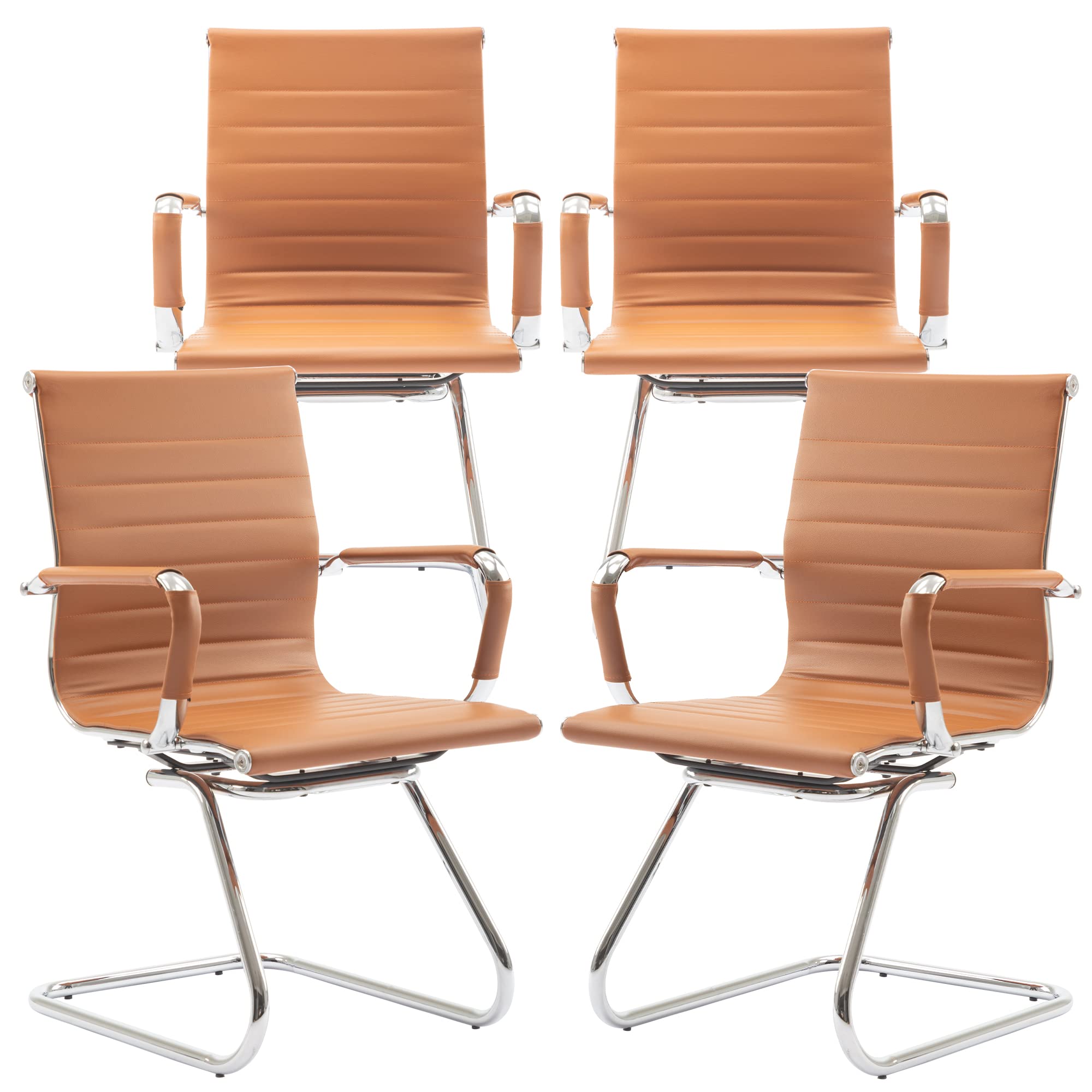 Office Desk Chair Set of 4,No Wheels PU Leather Computer Chairs Mid Back Guest Chairs with Seld Base for School/Reception/Conference/Waiting Room, Terracotta
