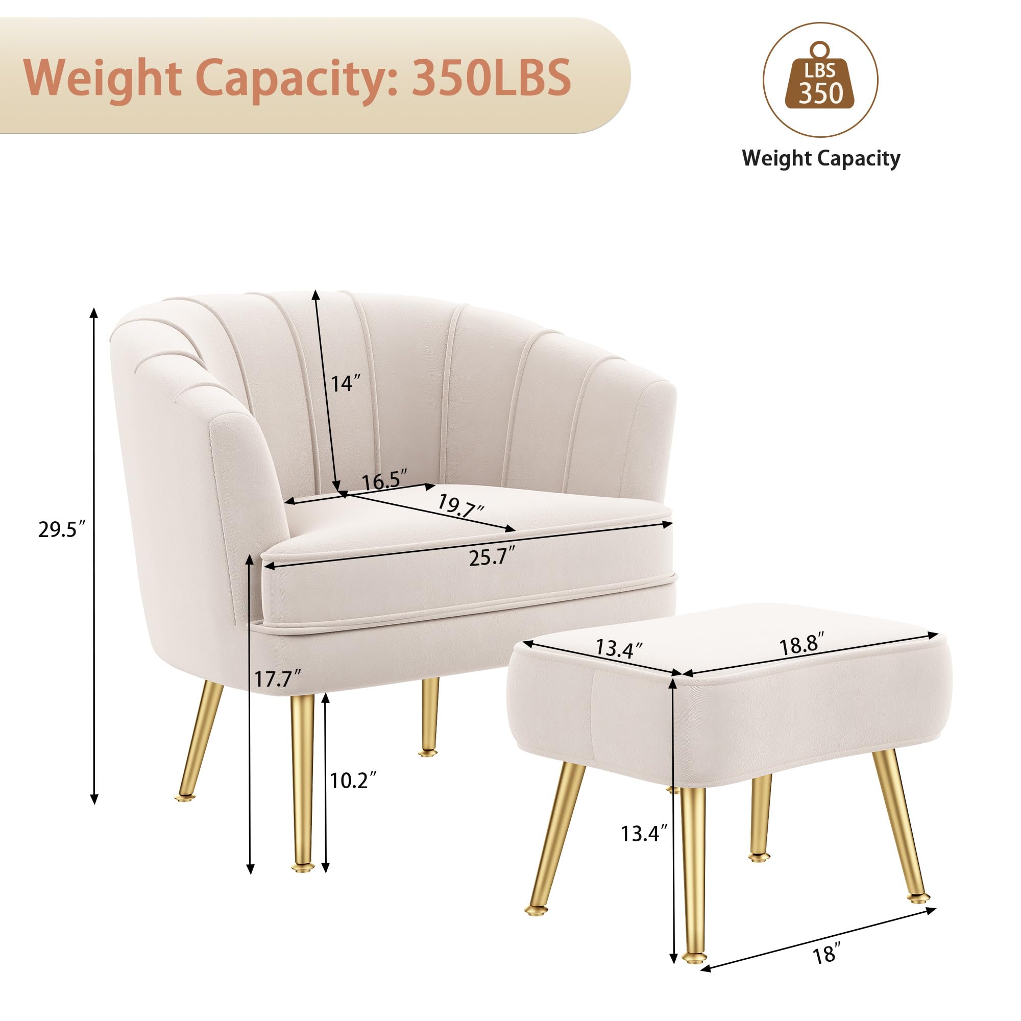 Velvet Accent Chair with Ottoman, Upholstered Modern Single Sofa Side Chair,Comfy Barrel Club Living Room Armchair with Golden Metal Legs for Office Bedroom Living Reading Room , Beige