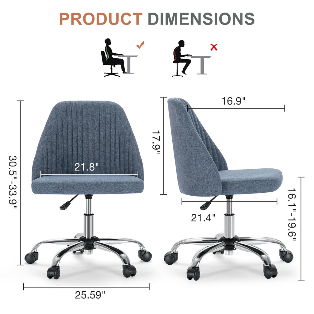 Office Chair, Comfy Desk Chair Rolling Vanity Swivel Task Chairs with Wheels, Wide Seating Armless Height Adjustable Computer Chairs for Home,Bedroom,Student,Adults, Blue