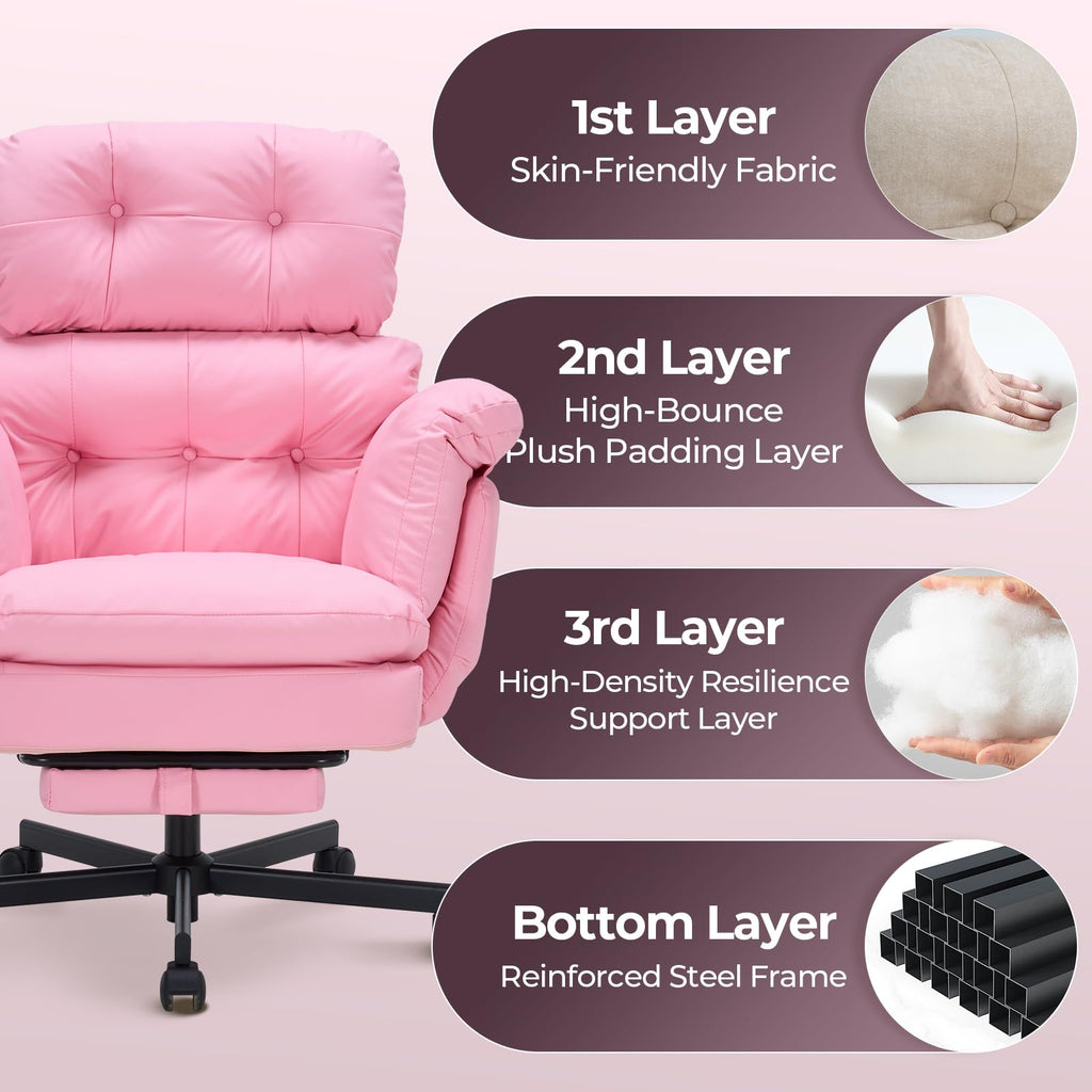 Criss Cross Office Chair with Foot Rest, Big and Tall Office Desk Chair with Flip Armrests for Pets & Cross Legged Sitting, Comfy Executive Ergonomic Reclining Computer Gaming Vanity Chair, Pink