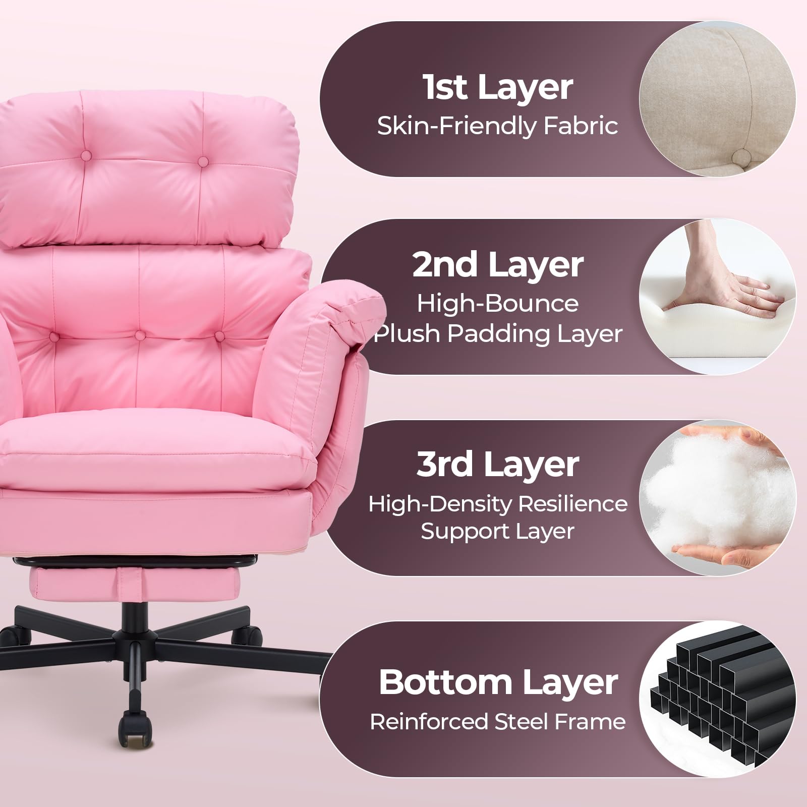 Criss Cross Office Chair with Foot Rest, Big and Tall Office Desk Chair with Flip Armrests for Pets & Cross Legged Sitting, Comfy Executive Ergonomic Reclining Computer Gaming Vanity Chair, Pink