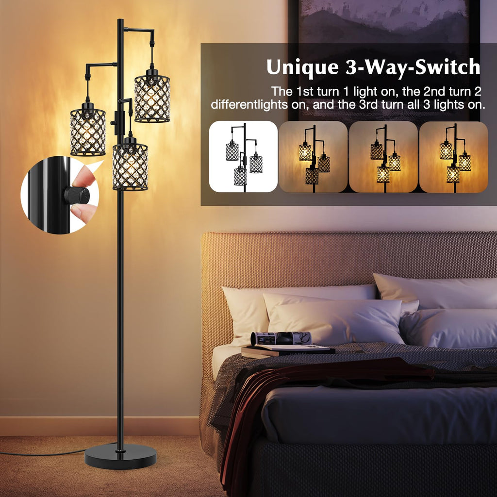 Crystal Floor Lamps for Living Room, 3-Light Black Floor Lamp, Standing Tall Lamp with Elegant K9 Crystal Shade & Rotary Switch, Modern Corner Floor Lamp for Bedroom, Home Office, Reading