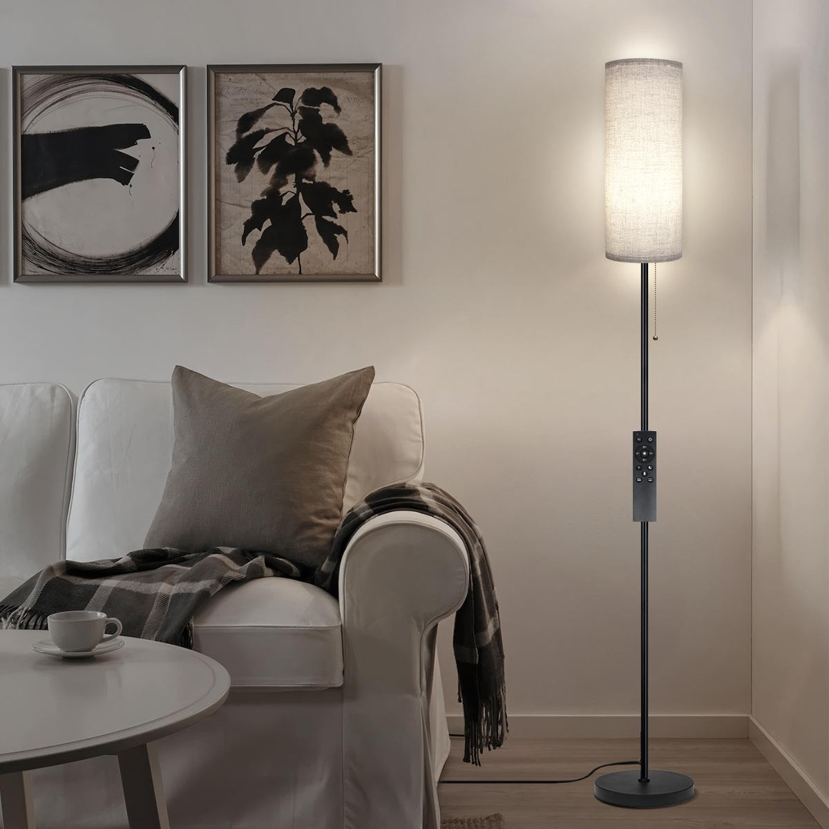 Floor Lamp for Living Room, Modern Standing Lamps with Lampshade, Minimalist Tall Lamp with Chain Switch for Living Room, LED Bulb Included (Beige Shade-Remote Bulb)