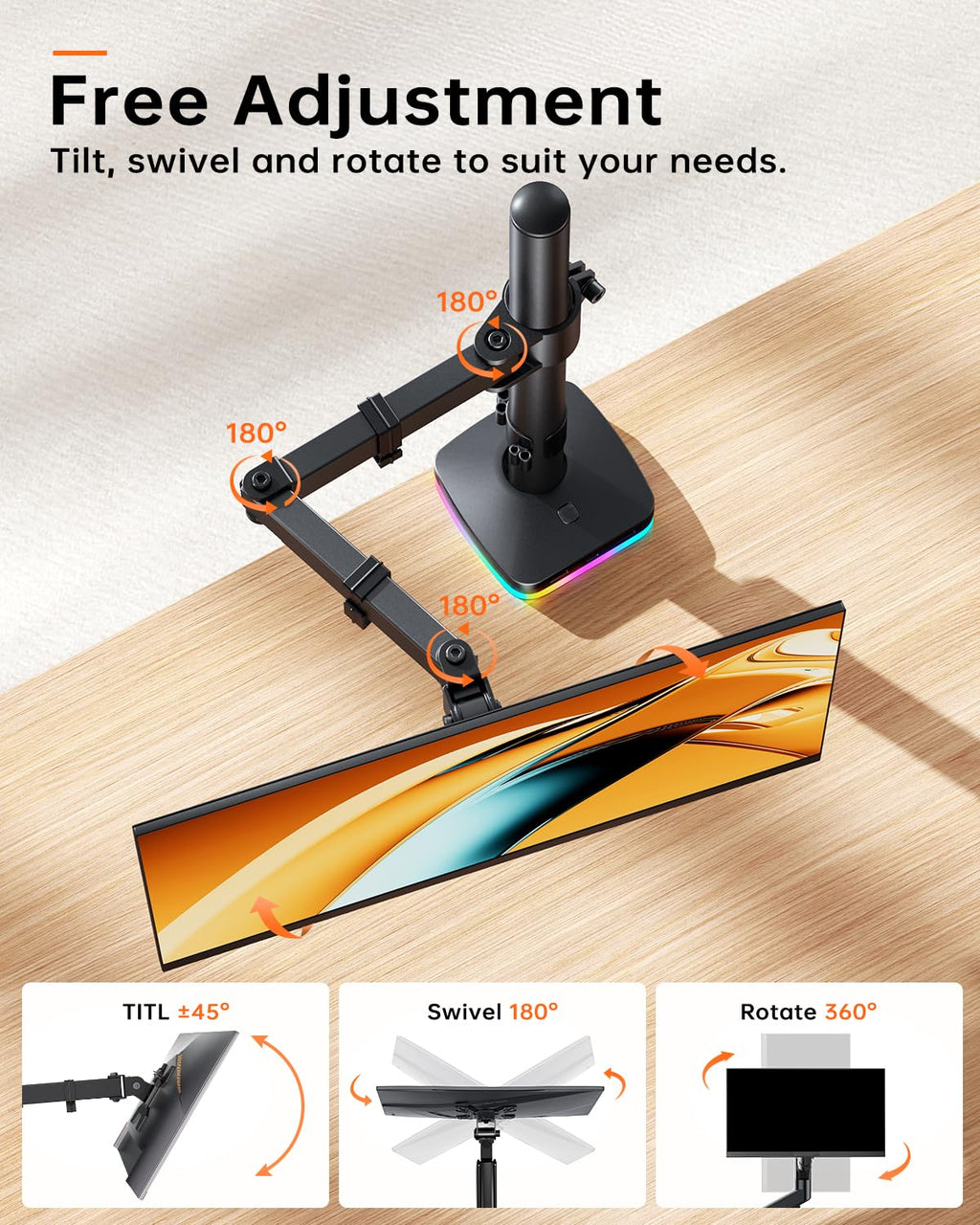Single Monitor Stand, Monitor Arm with 3 USB Ports, Charging and USB Data Transfer Function, Adjustable Desk Mount for 13"-27" Monitors up to 17.6lbs, VESA 75x75mm 100x100mm, Ergonomic Design