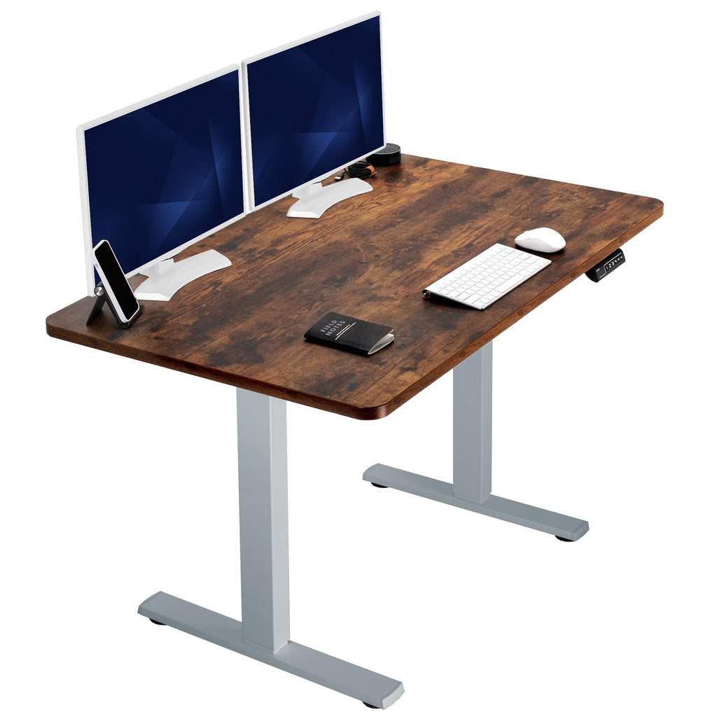 Electric 48 x 30 in Rustic Standing Desk, Memory Height Adjustment, 1B Series, Holds 220 lbs, One-Piece Vintage Brown Top, Gray Frame