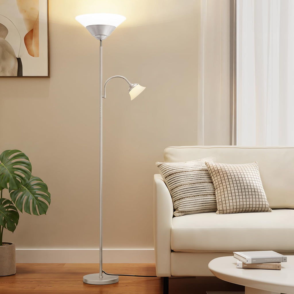 2-in-1 Torchiere Floor Lamp, 34W Super Bright LED Standing Lamp with Remote & Touch Control, 72" Dimmable Adjustable Corner Reading Lamp for Living Room, Bedroom, Office, Silver