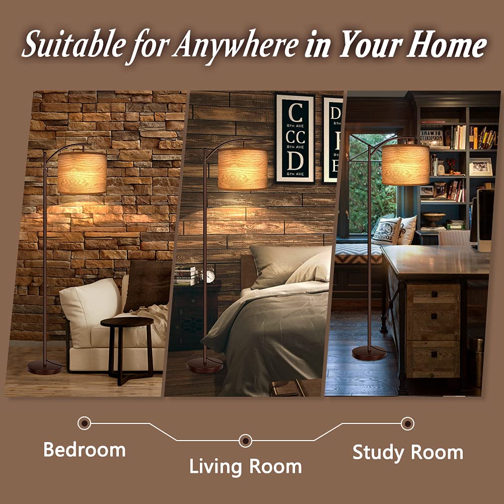 Floor Lamp for Living Room, LED Standing Lamp Tall Industrial Floor Lamp Reading for Bedroom, Office (9W LED Bulb, Wood Grain Lampshade Included) - Oil-Rubbed Bronze