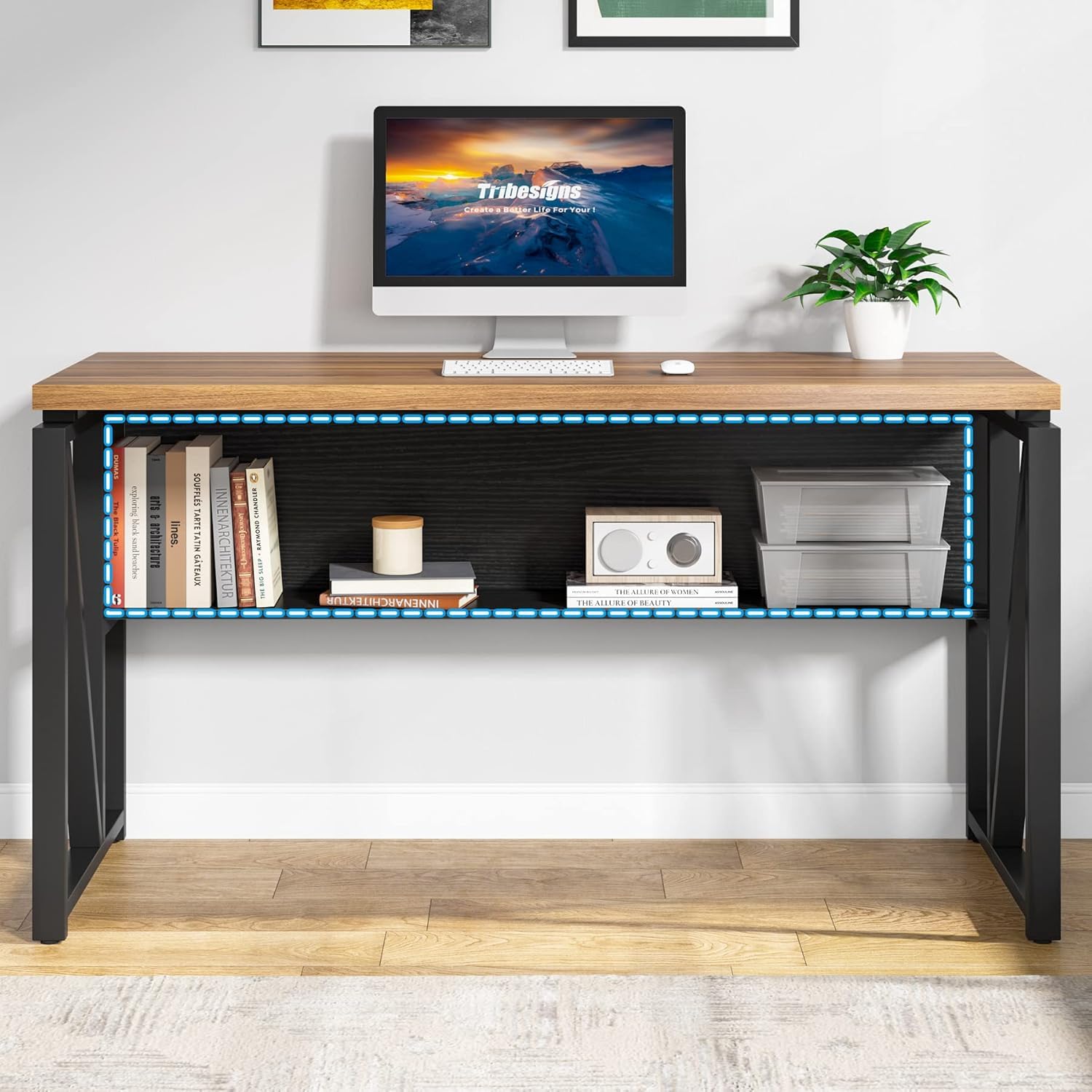 55" Executive Desk with Reversible File Cabinet, Large L-Shaped Office Desk with Drawers, Business Furniture Workstation for Home Office (Dark Walnut, 55-inch)