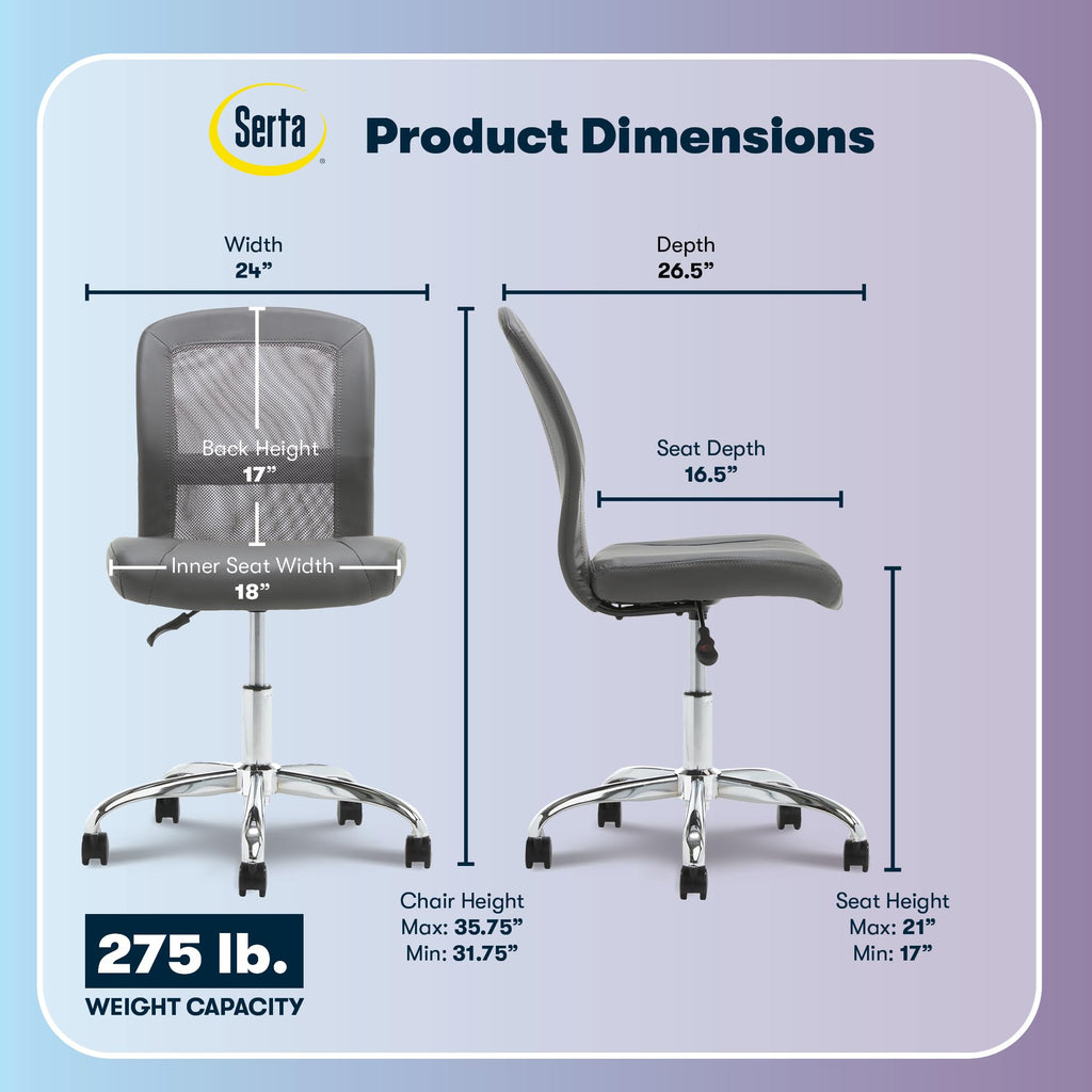 Essential Armless Chair, Small Desk Chairs with Wheels, Breathable Mesh Back and Faux Leather, Quality Foam Cushion Seat for Comfort, Minimal Design for Vanity Table, Gray