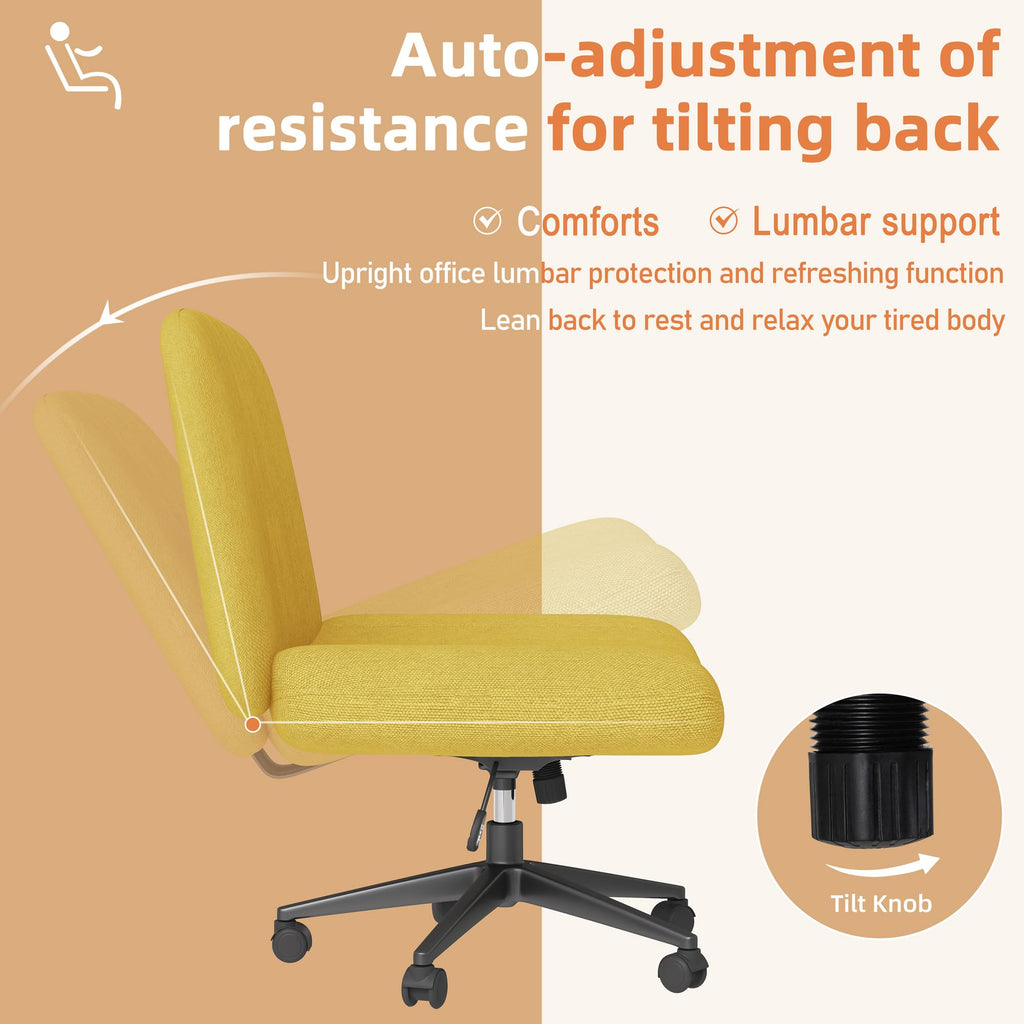 Criss Cross Chair,Cross Legged Office Seat with Wheels Armless Swivel Vanity Chair,Height Adjustable Wide Computer Task Seating for Home Office,Yellow ﻿