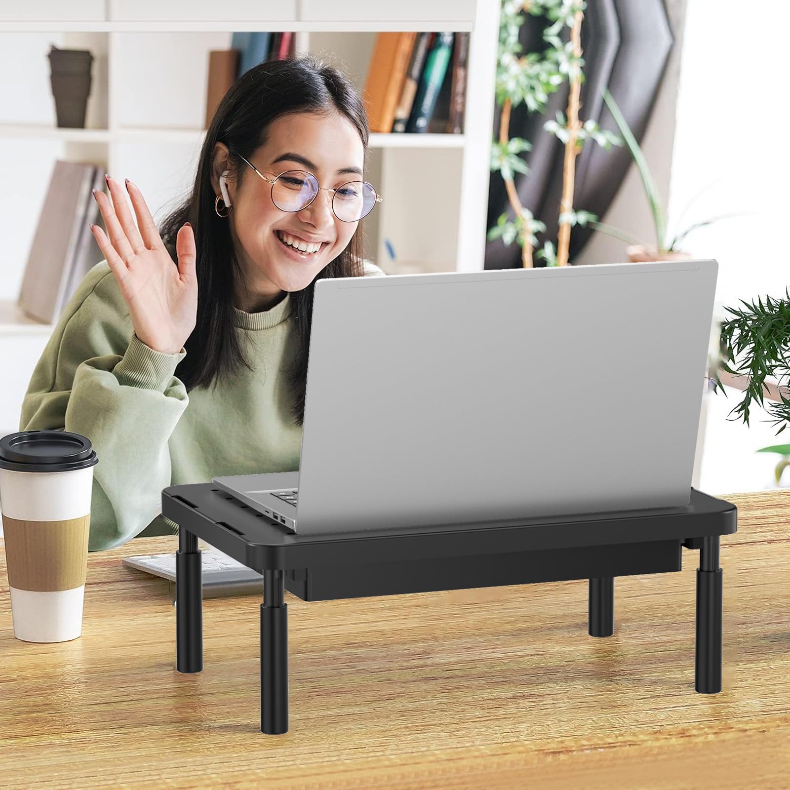 Computer Monitor Stand with Storage, Desk Monitor Riser 3 Height Adjustable, Laptop Riser with Airflow Vents, Desk Organizer for Computer, Laptop, Printer (PTT002-B), 1 Pack, Black
