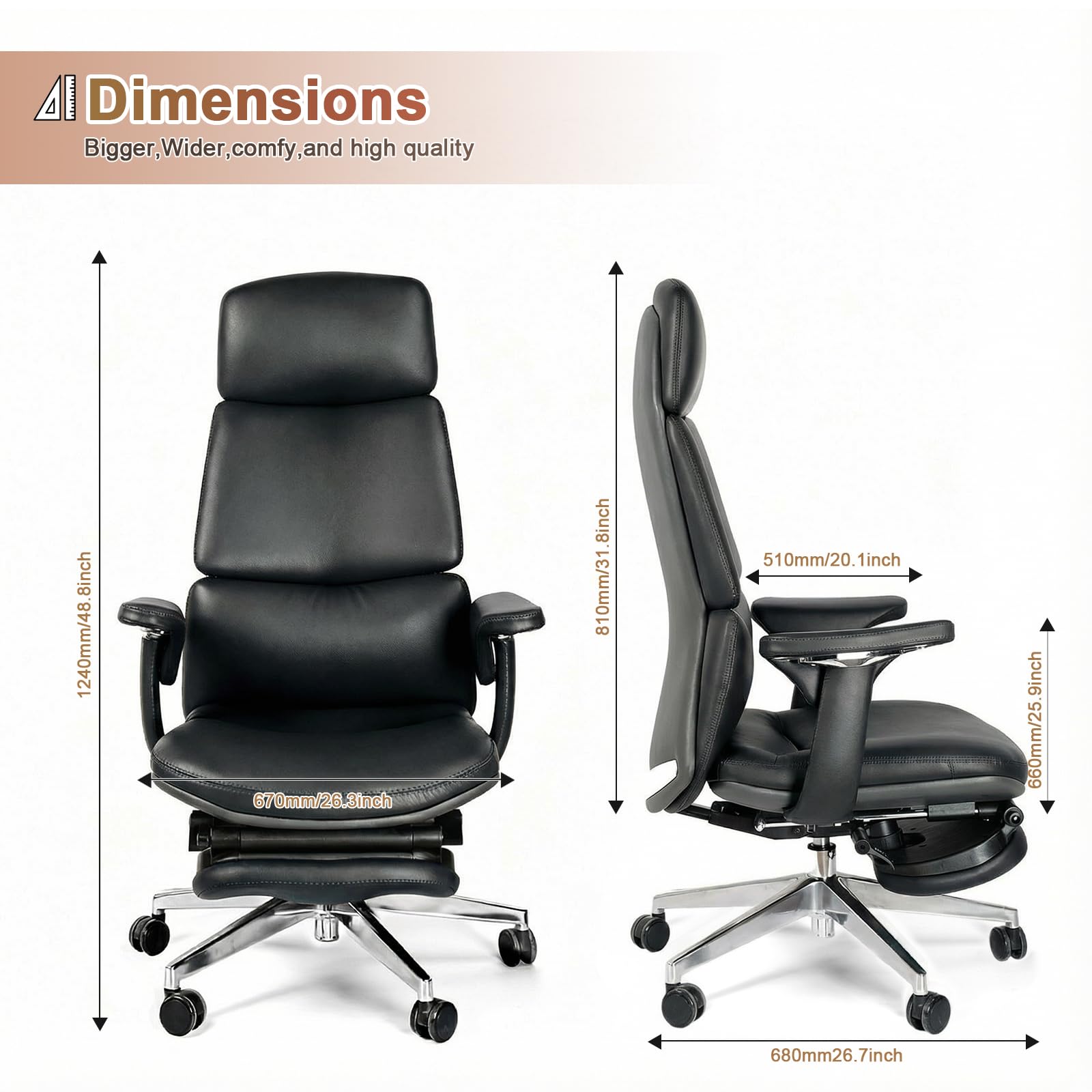 Genuine Leather Office Chair with Flexible Footrest, High Back Executive Office Chair with Lumbar Support, Adjustable Tilt Mechanism, Weight Capacity 400 lbs (Black)