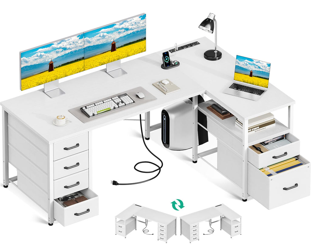L Shaped Computer Desk with 6 Drawers & Power Outlet, 55 Inch Corner Desk with Reversible Storage Shelf & File Drawer, Home Office Desk, White