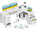 L Shaped Computer Desk with 6 Drawers & Power Outlet, 55 Inch Corner Desk with Reversible Storage Shelf & File Drawer, Home Office Desk, White