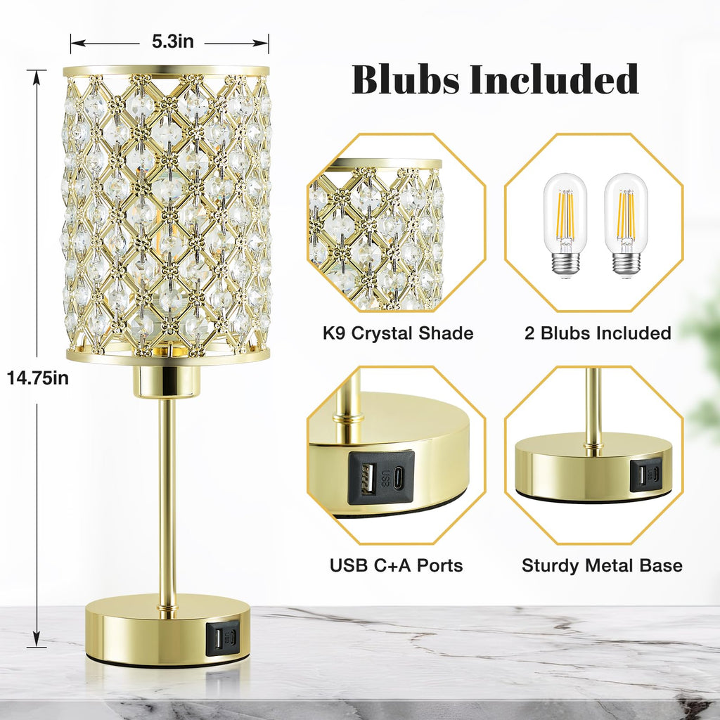 Gold Crystal Bedside Table Lamps Set of 2 with USB C+A Ports