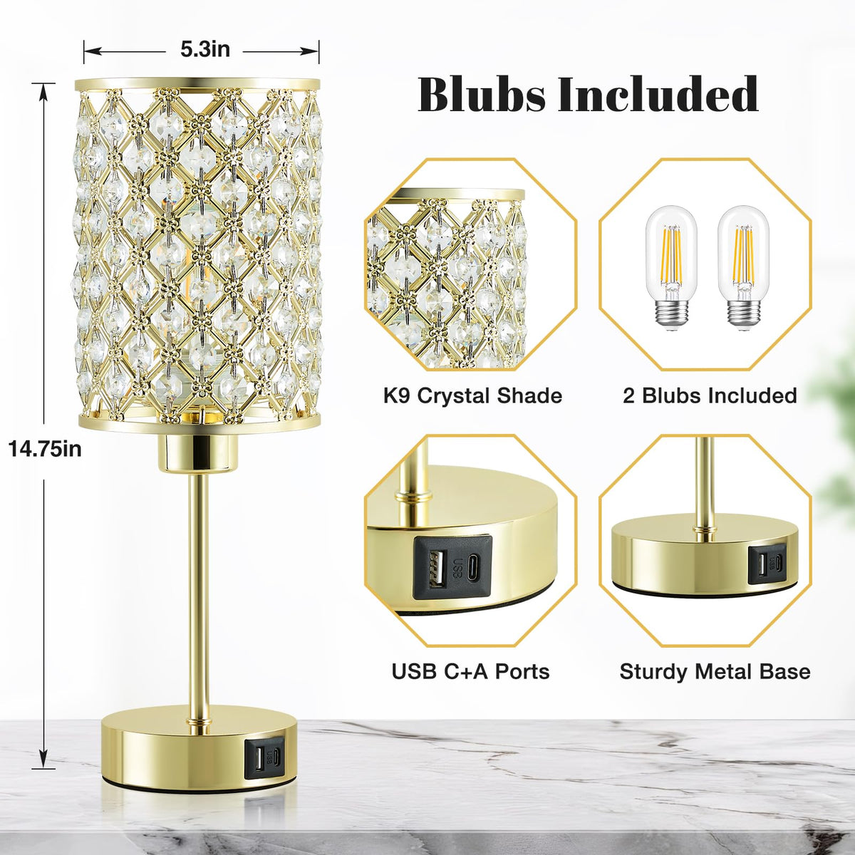 Gold Crystal Bedside Table Lamps Set of 2 with USB C+A Ports