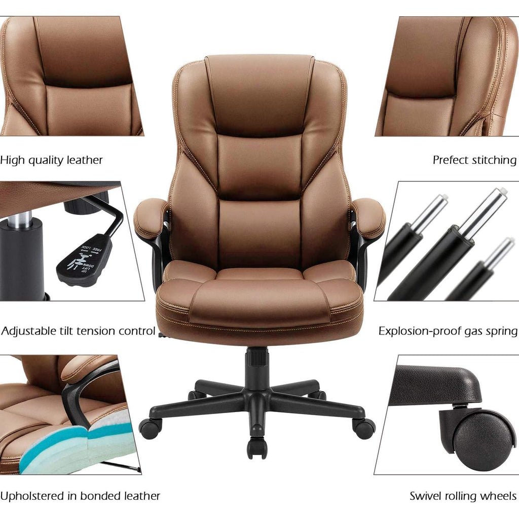 (2, Light Brown) Office Executive Chair High Back Adjustable Managerial Home Desk Chair, Swivel Computer PU Leather Chair with Lumbar Support